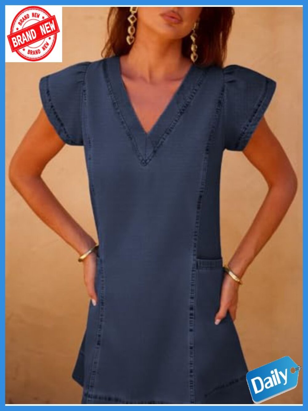 Women's Denim Mini Dress V-Neck Short Sleeve A-Line with Pockets - Picture 3 of 5